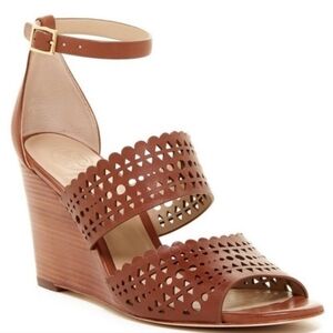 Tory Burch Perforated Brown Cognac Leather Gladiator Wedge Sandals Size 9.5 M